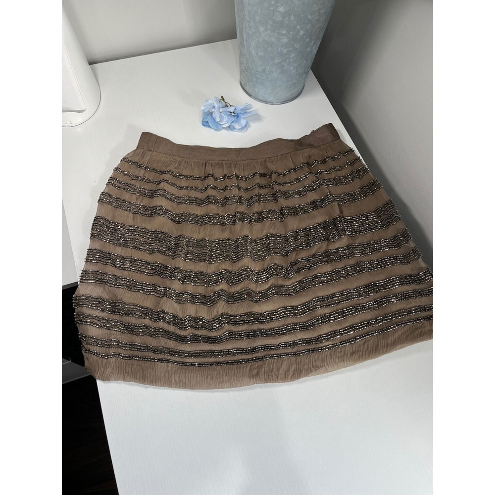 Club Monaco Beaded Skirt Brown Silk Women's Size 4 Tiered Ruffle‎ Style 00301725